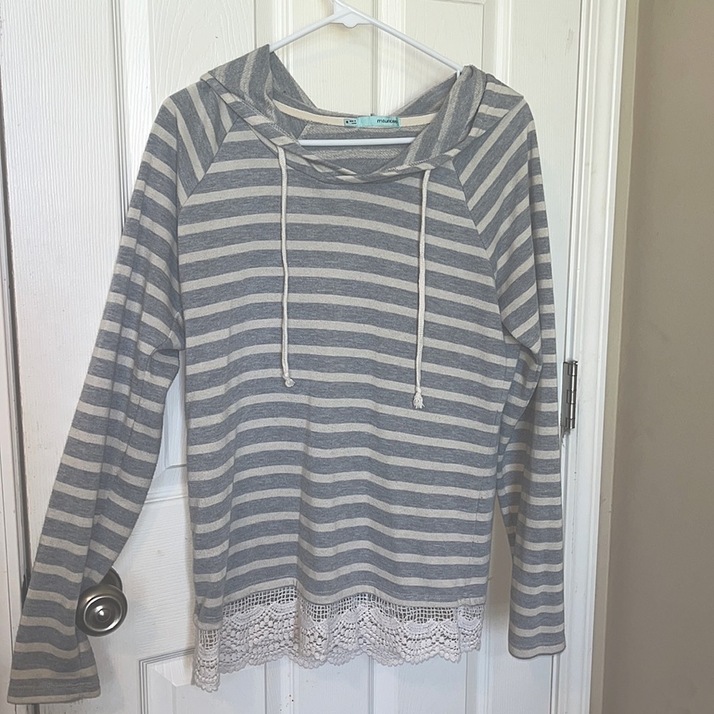 Striped Gray and White Hooded Long Sleeve